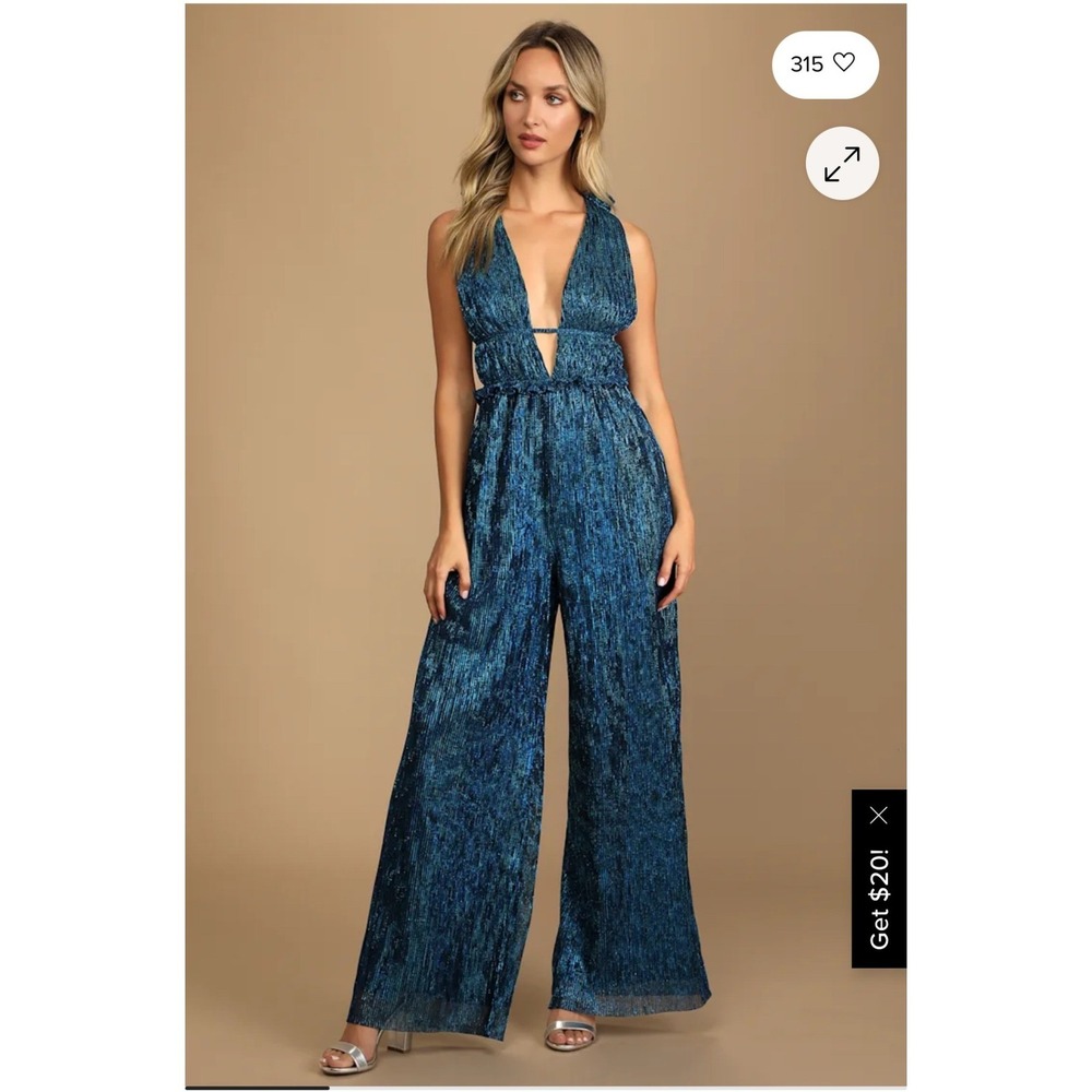 Lulus Shining Splendor Teal Blue Metallic Plisse Wide-Leg Jumpsuit Deep V-Neck
